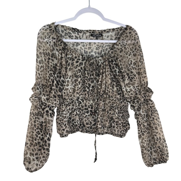King & Girls Tops - King & Girls Leopard Print Smocked Waist Ruffle Sleeve Sheer Blouse Medium